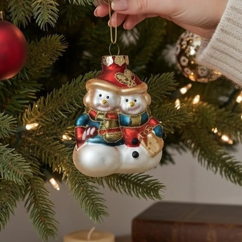Vintage Blown Glass Snowman Couple Christmas Ornament Glitter Accents Holiday